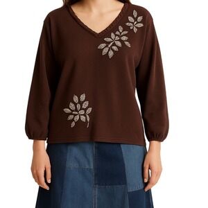 Alfred Dunner Brown Floral‎ Embellished V Neck Knit Sweater Top - M